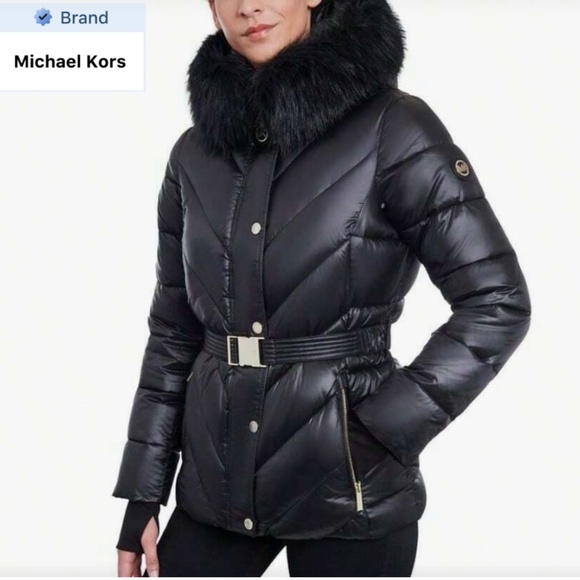 Michael Kors Women's Metallic Belted Faux-Fur-Trim Hooded Puffer Coat Size S - Picture 1 of 14